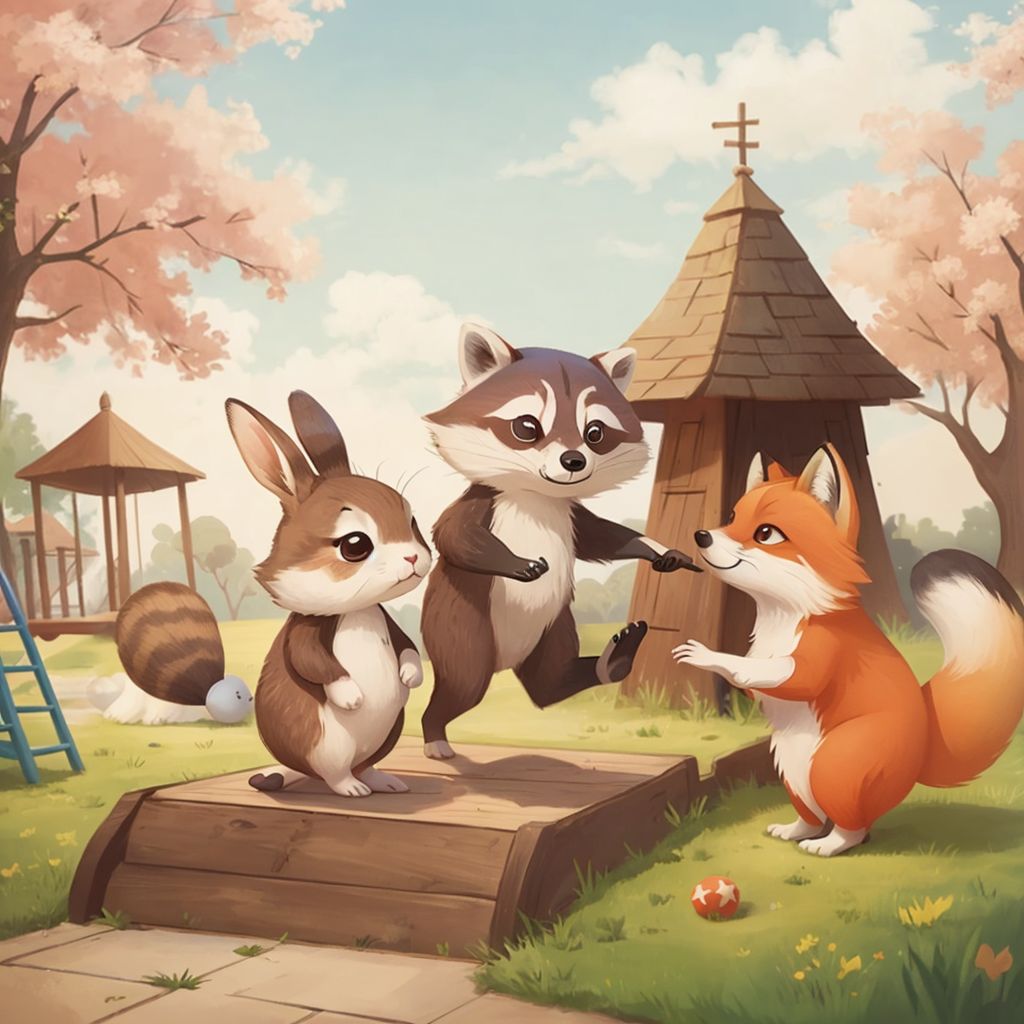 Rose the raccoon playing tag on the playground, smiling as Bella the bunny and Frederick the fox help her up