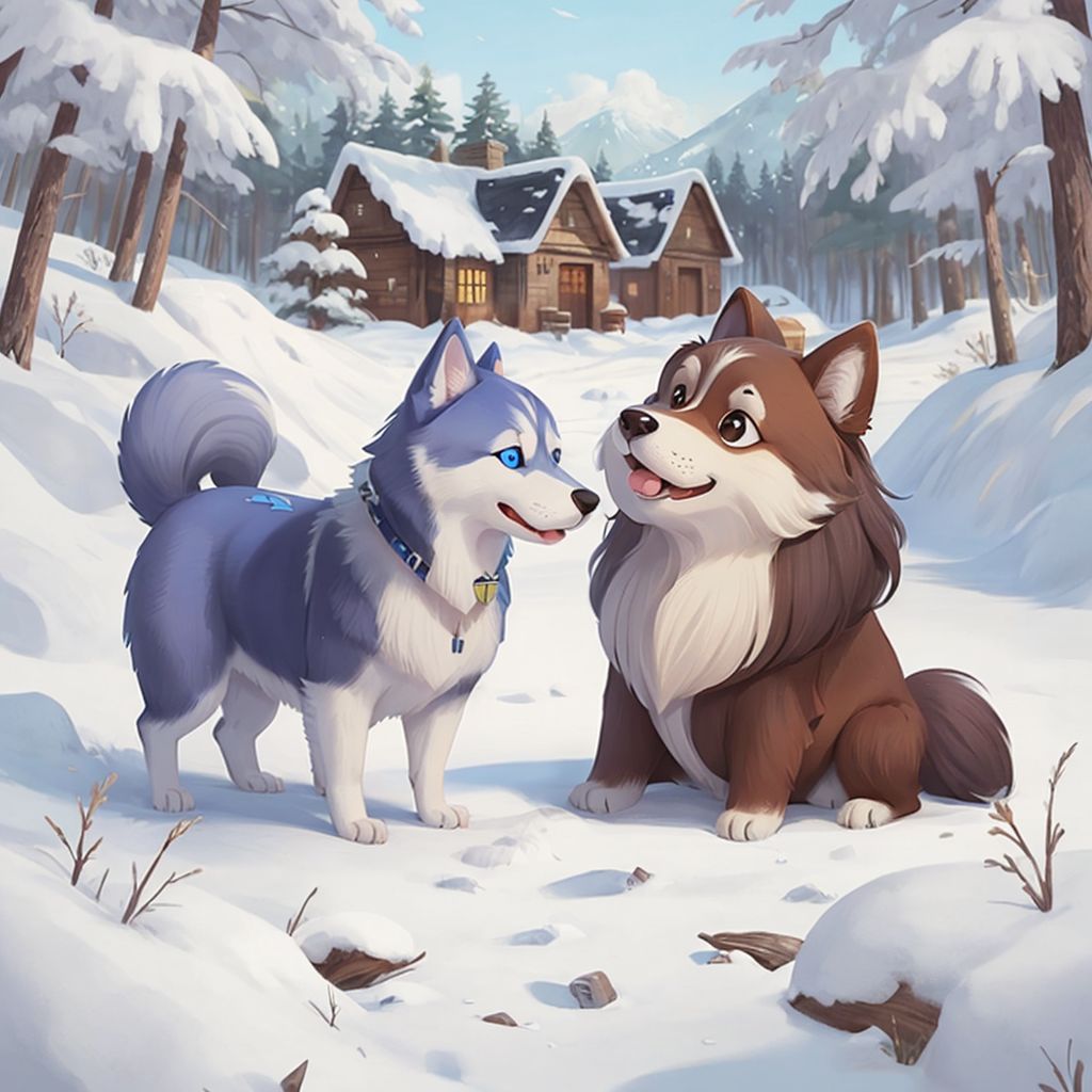 Bear, a husky with blue eyes and fluffy coat, meeting Lilja, a brown fluffy Finnish Laphuand with big ears, in a forest clearing. Village visible in the background.