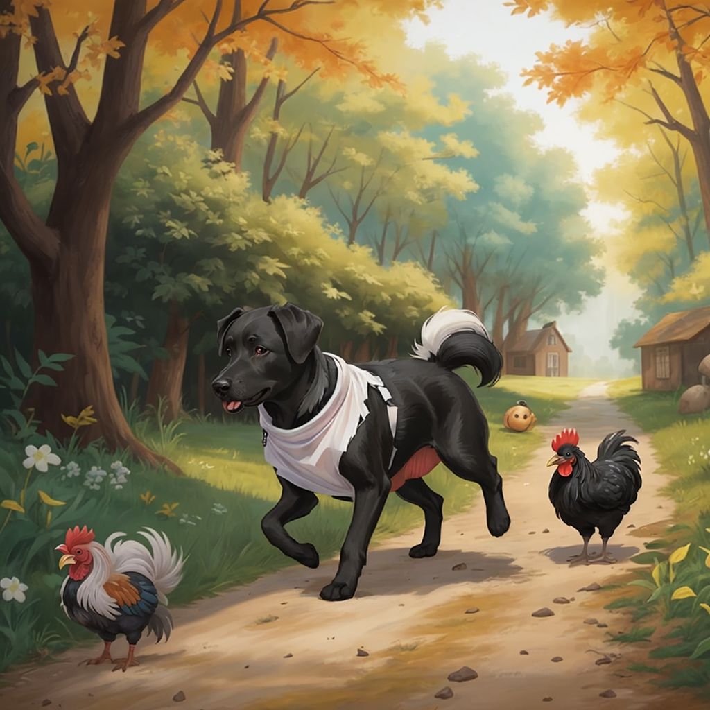 Charley Bear playfully chasing Zeus and Floyd, the roosters, around the farmyard