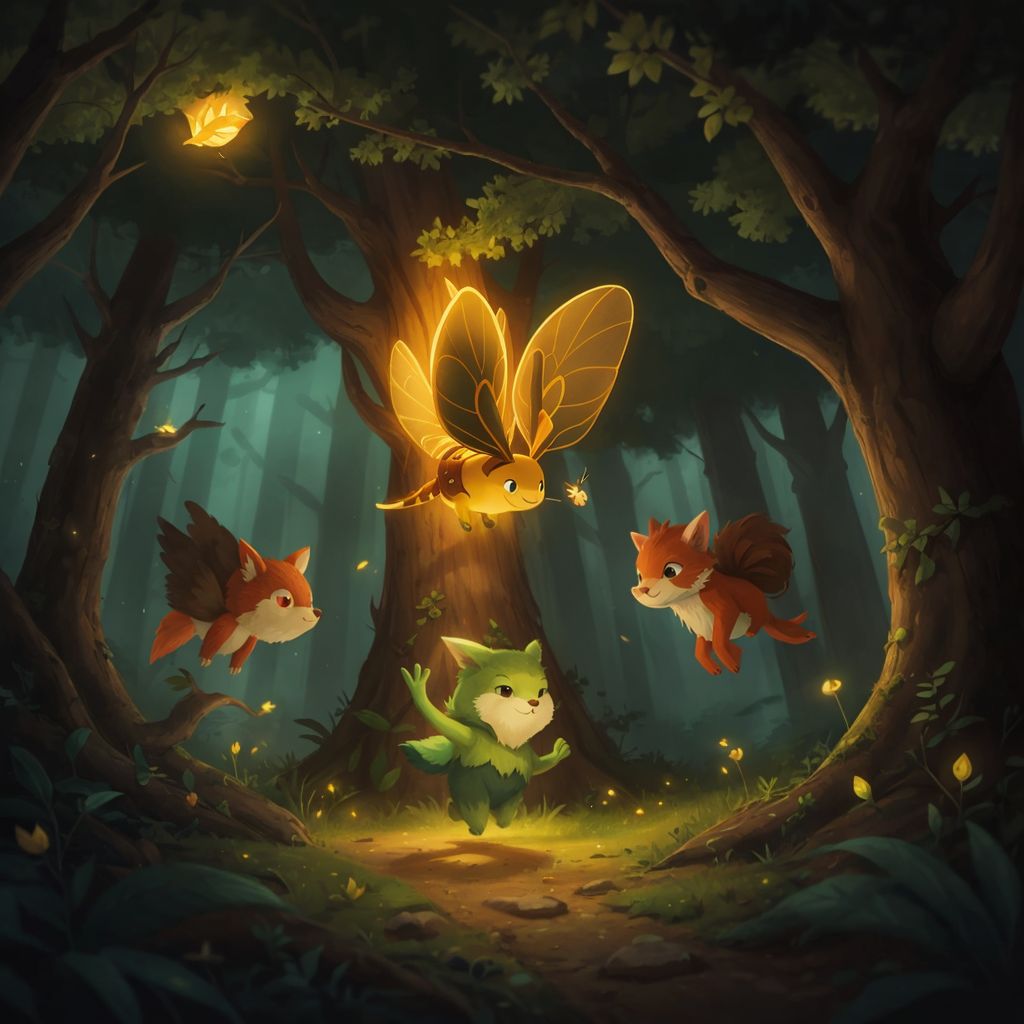 Spark sharing light with forest creatures, all glowing together