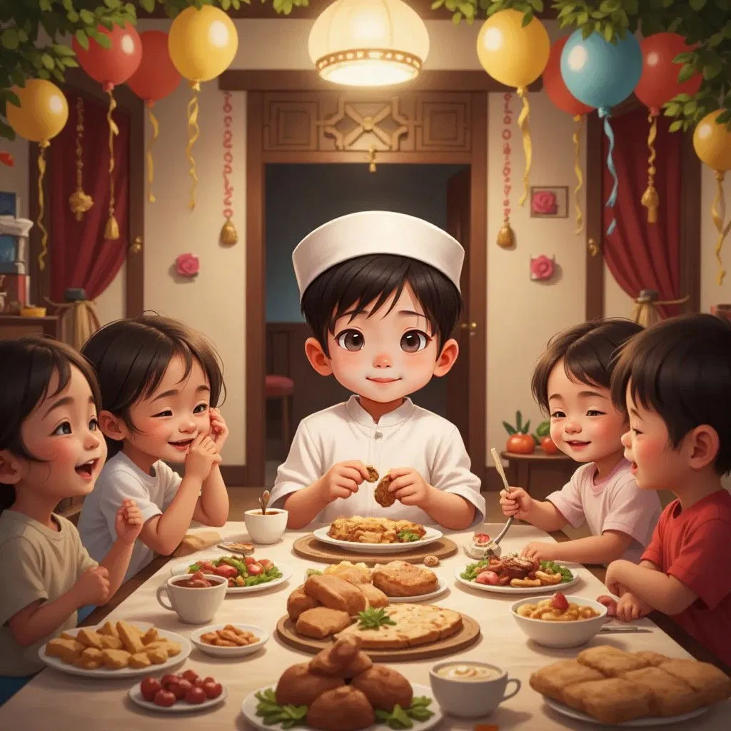 Adam smiling proudly, surrounded by family at a dining table with a feast. A festive and joyful atmosphere with decorations.