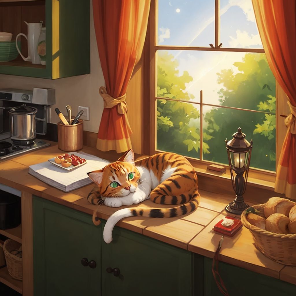 Tom, a ginger cat with emerald eyes, curled up contentedly sleeping near the bakery window with moonlight streaming in