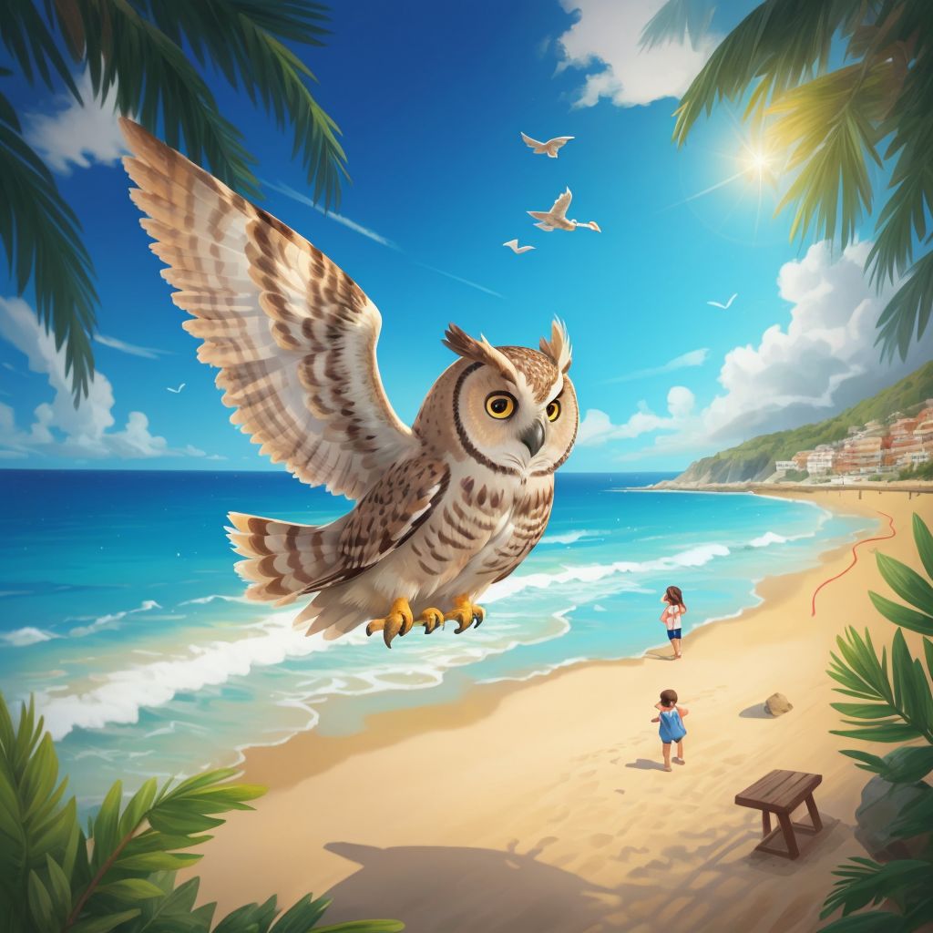 An owl flying above the beach with Deniz pointing towards it