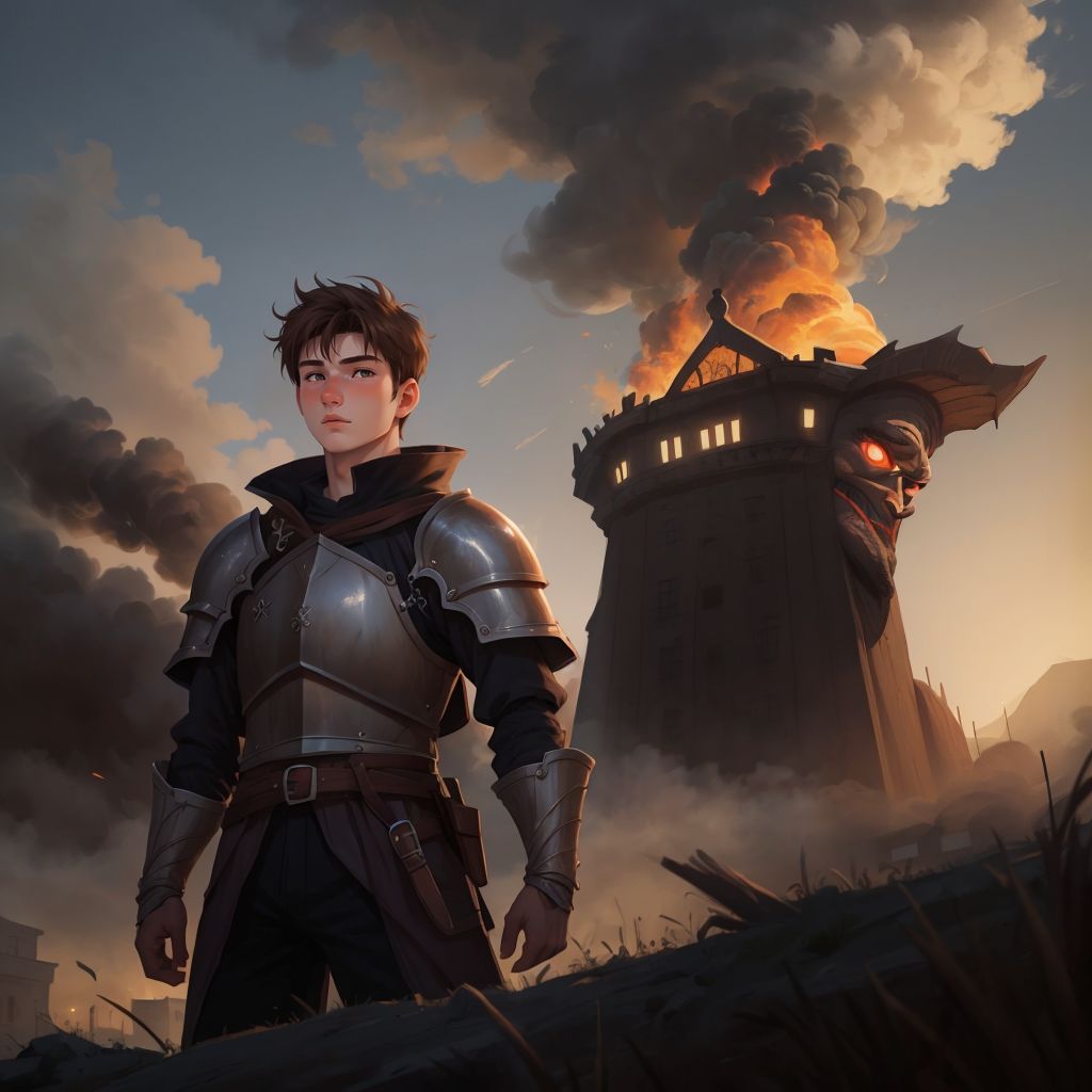 A determined Beowulf standing at the edge of a dark town. Smoke rising from buildings in the background, while a looming shadow of Grendel appears on a distant wall