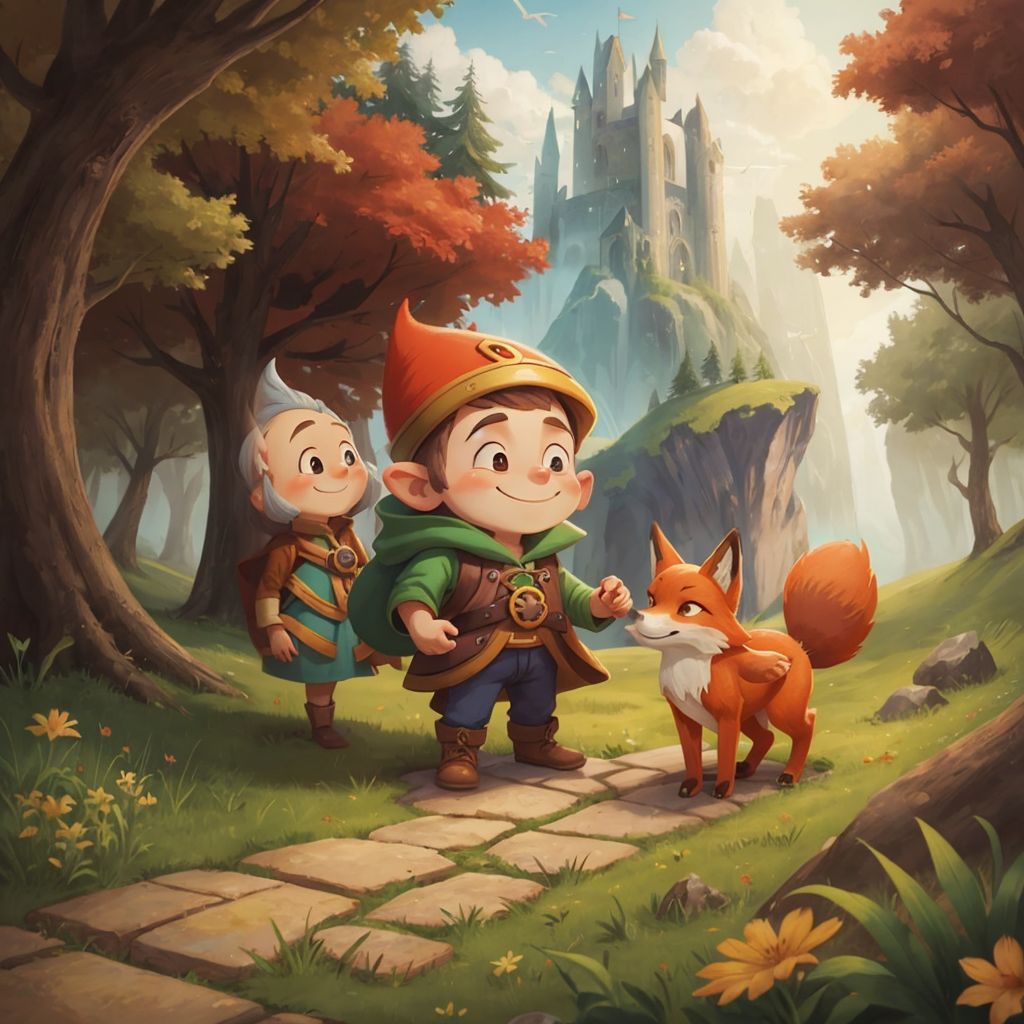 Henry the Gnomekin smiling as he walks with Ember the fox, a magical landscape in the background