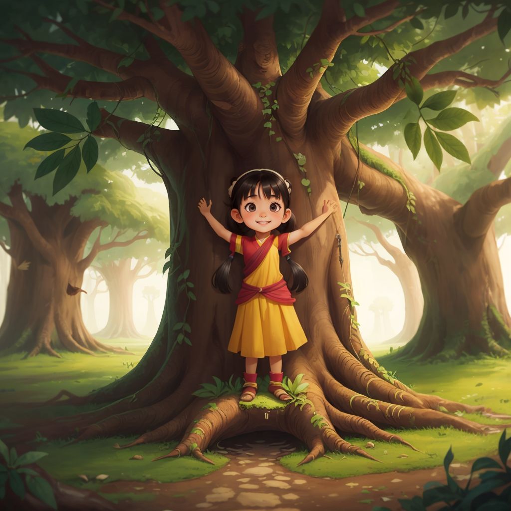 Meera standing in front of the glowing hollow of Baniyan, a gentle breeze rustling leaves around her
