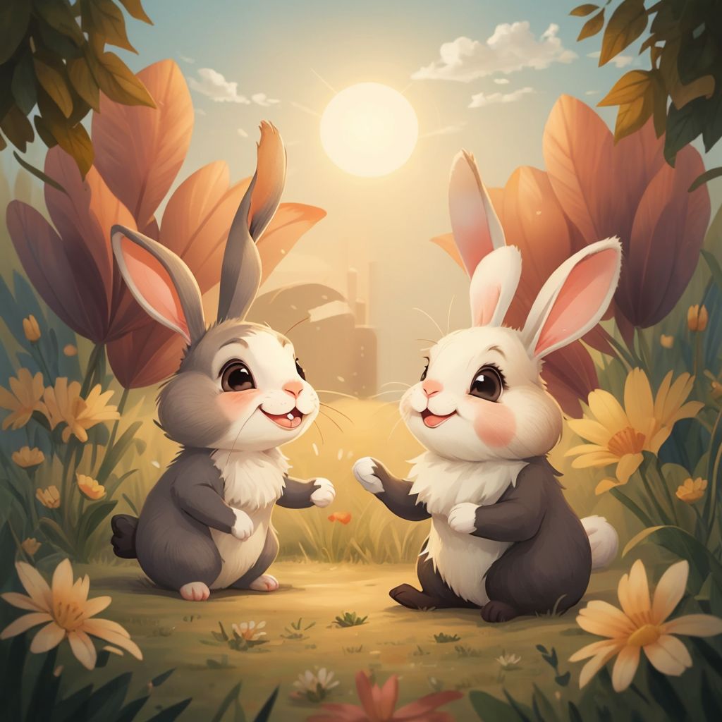 Bunny and Runny laughing and cheering in a meadow, with a setting sun in the background