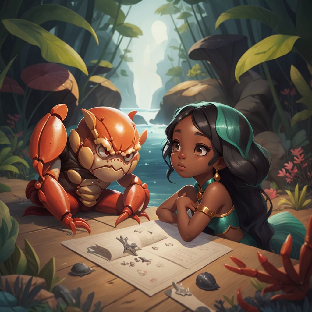 Bookie, a crab boy with claws, explaining the puzzles to Tyla