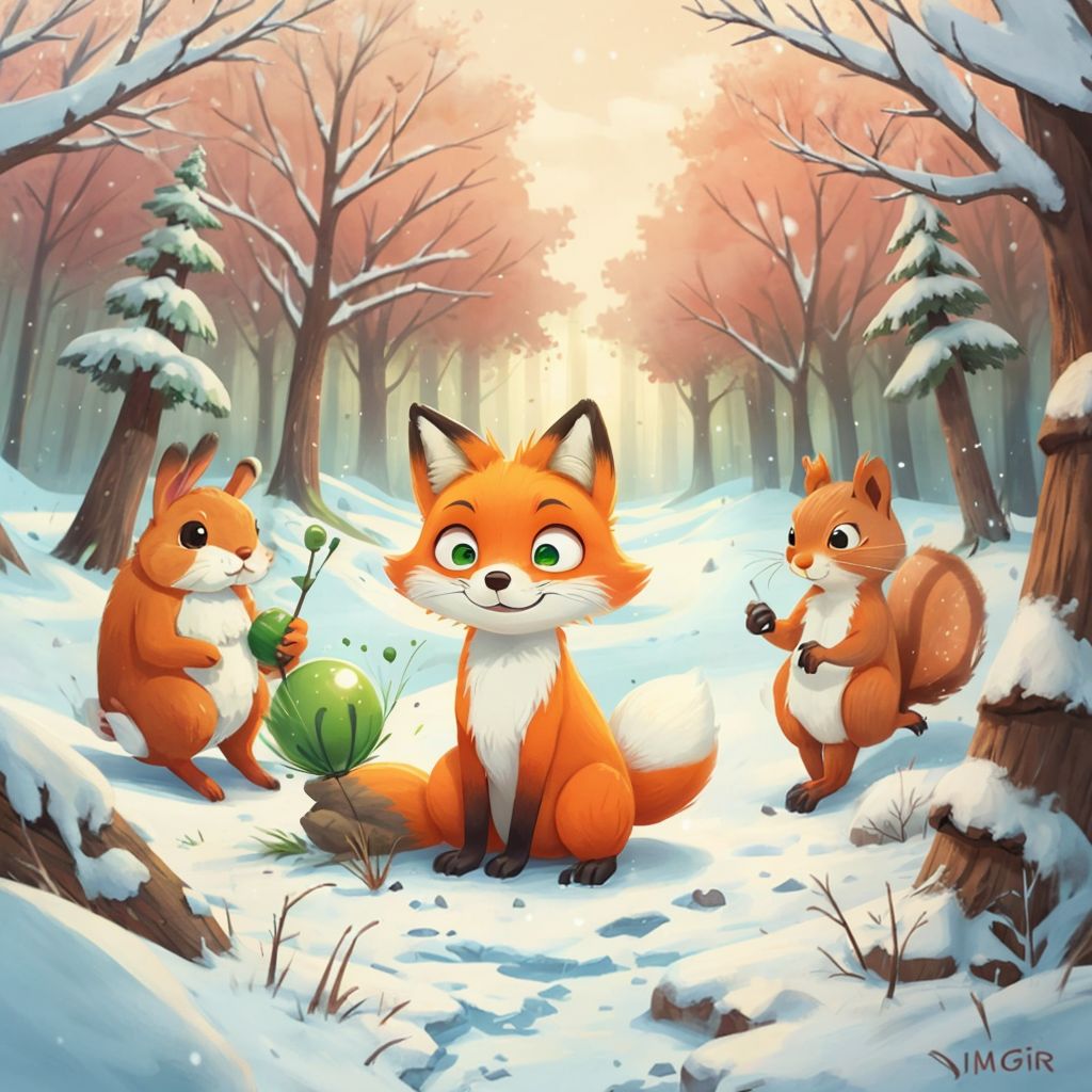 Little Fox and friends searching through the snowy forest with determination