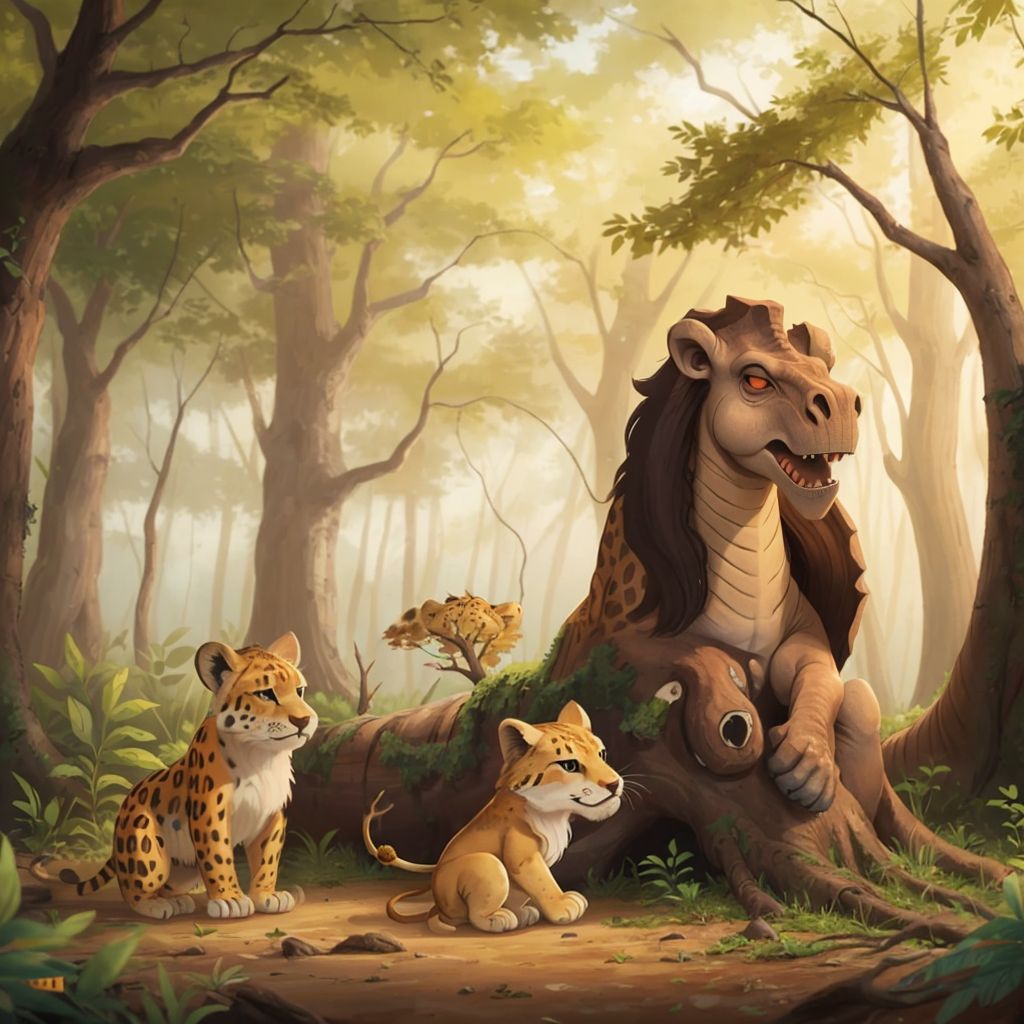 A frightened Lance the golden-maned lion cub trapped under a large fallen tree trunk, with a worried Bella the brachiosaurus and Leo the spotted leopard cub standing nearby in a forest clearing.