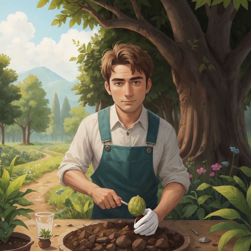 A kind-faced man with grey hair and green overalls as a gardener gently placing a nervous-looking Mira the acorn into dark soil