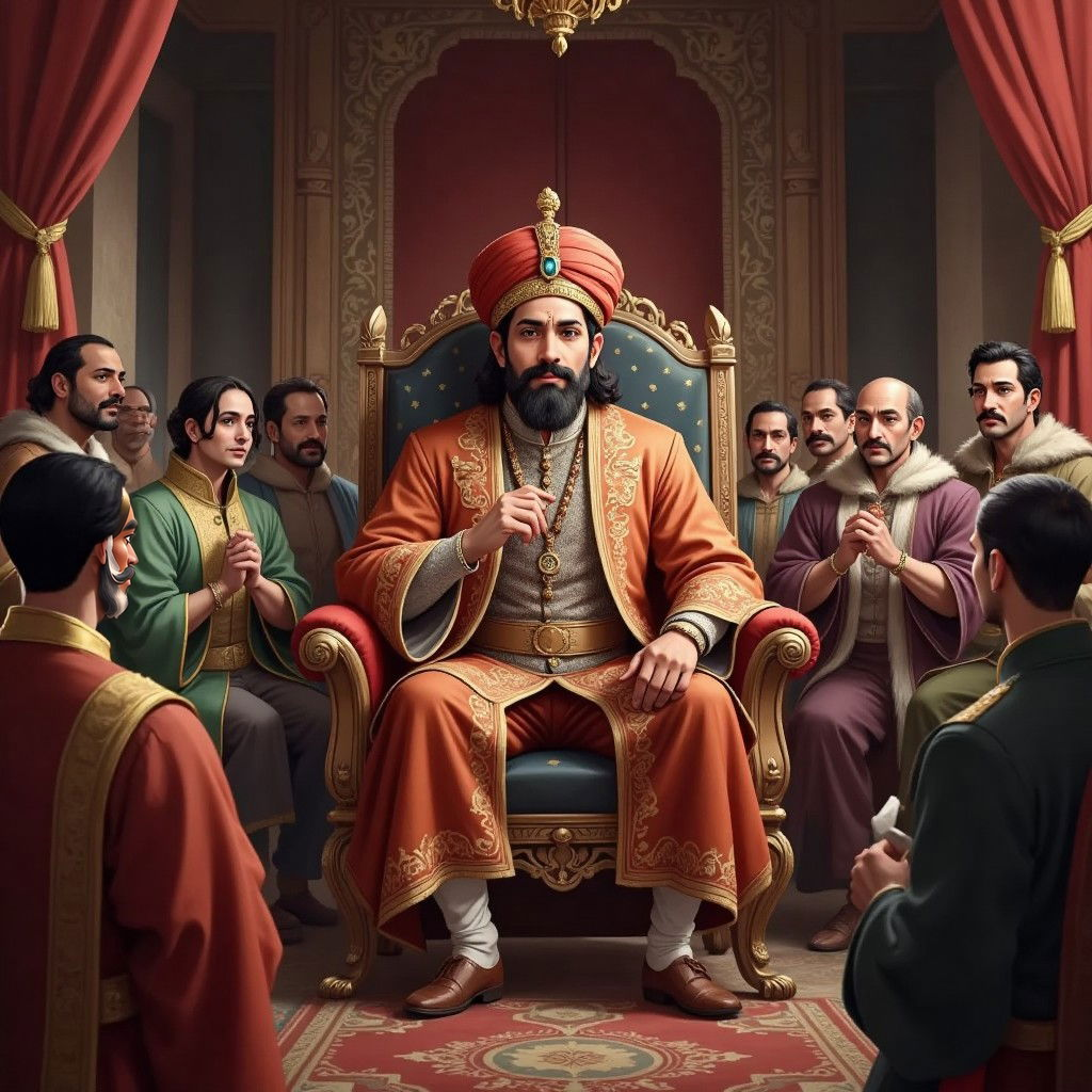 Emperor Akbar with a thoughtful expression, courtiers gasping and whispering in the background