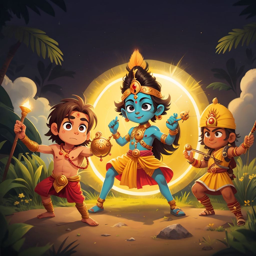 Krishna delivering the 'Bhagwad Gita' to Hanumanji and Arjun, with a glowing aura around them