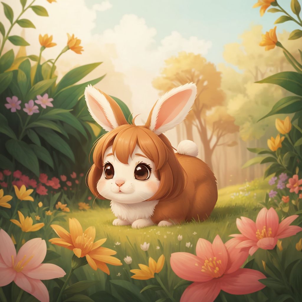 Bella the young bunny admiring a beautiful, colorful flower garden, with a proud expression on her face