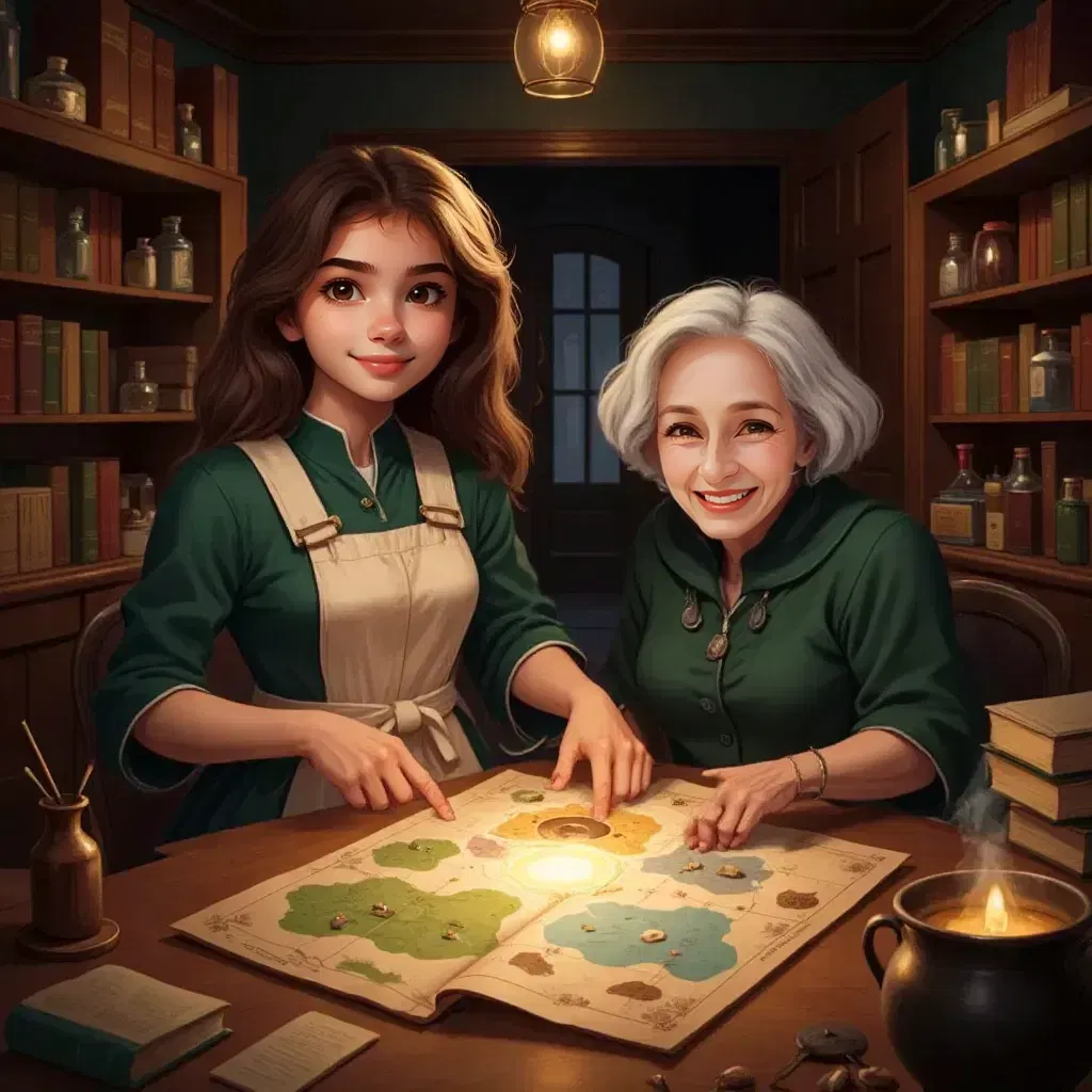 The witches gathered around a magical map, with Maya and Barbara pointing at a troubled area in town