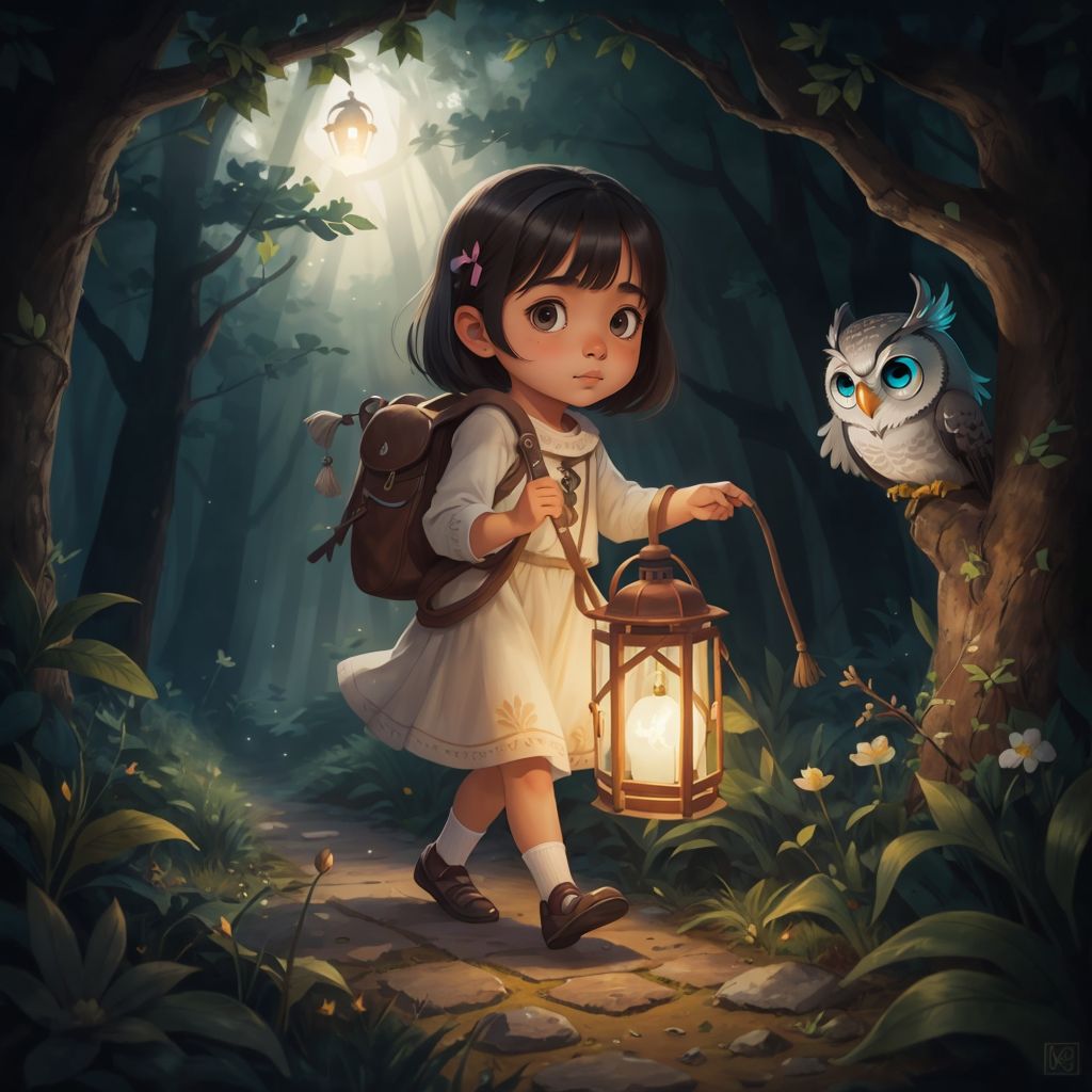 Puja holding a magical lantern, walking through a dark forest with the silver owl flying beside her
