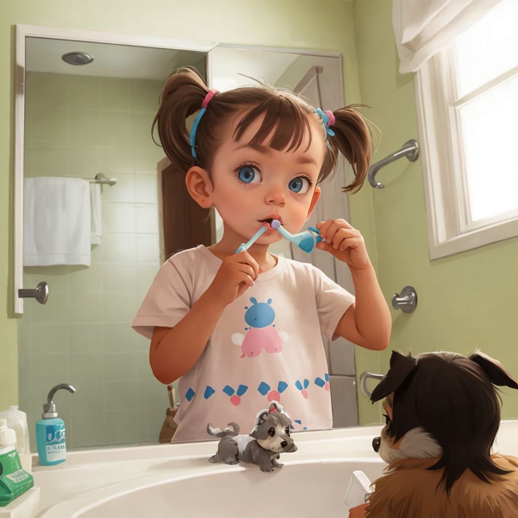 Nora brushing her teeth, with Ivy, a small scruffy black and brown Chihuahua-Schnauzer mix dog with floppy ears and brown eyes, watching her with bright eyes. A bathroom mirror in the background.