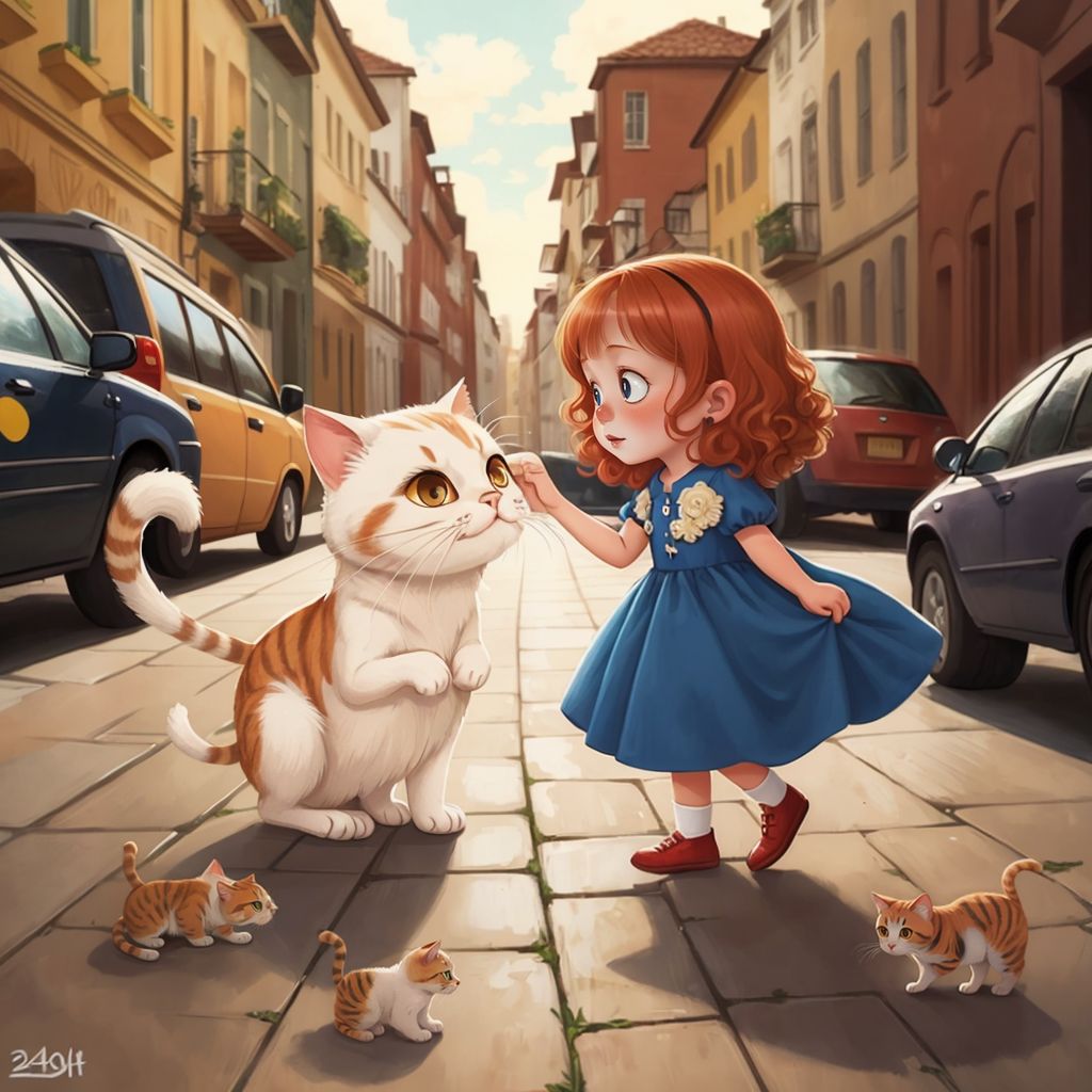 Bowie the Cat and Lucy walking side by side down a neighborhood street, both smiling. Other cats looking on with admiration.