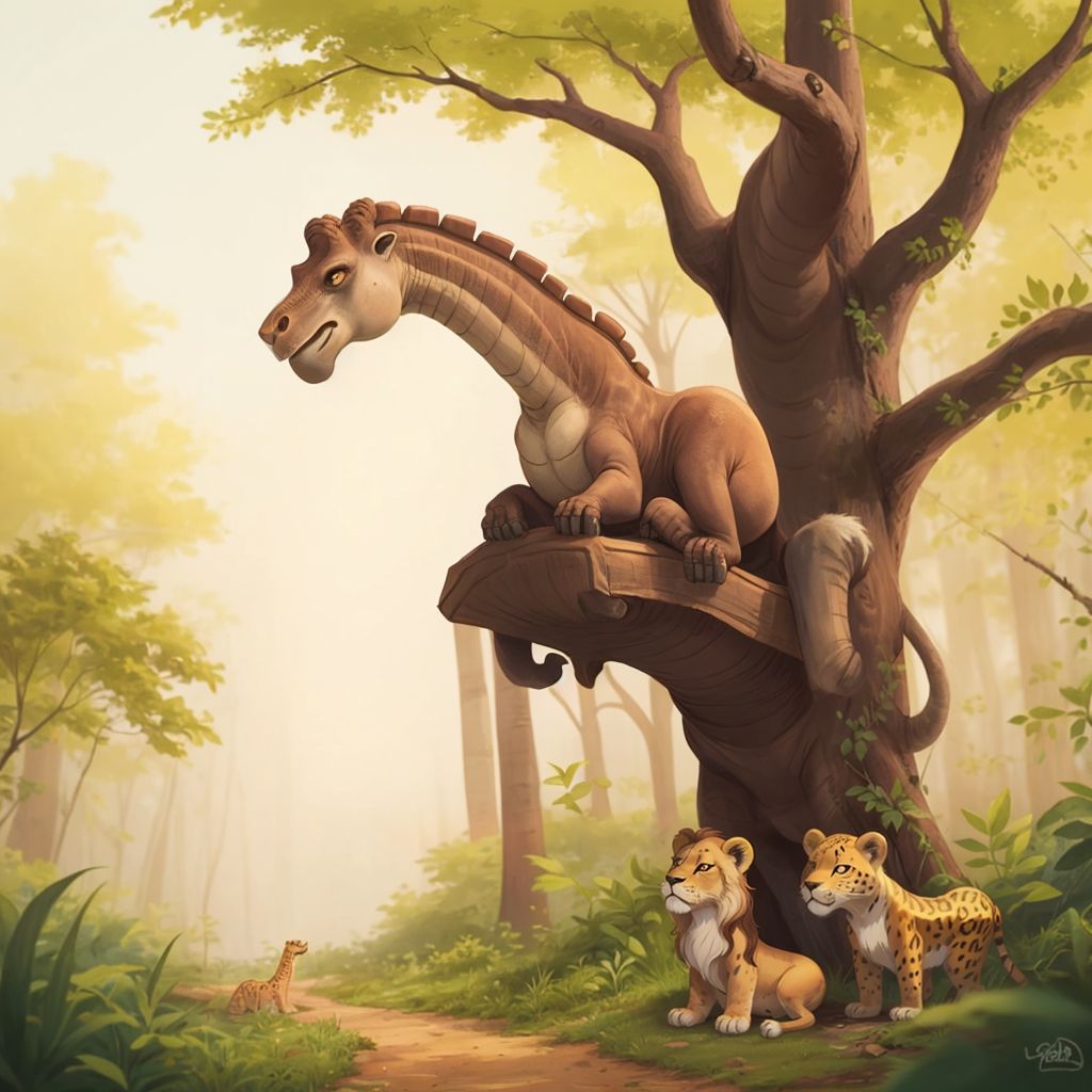 Bella the brachiosaurus pushing a large tree trunk with her body, while Leo the spotted leopard cub stands protectively near an injured Lance the golden-maned lion cub in a forest setting.