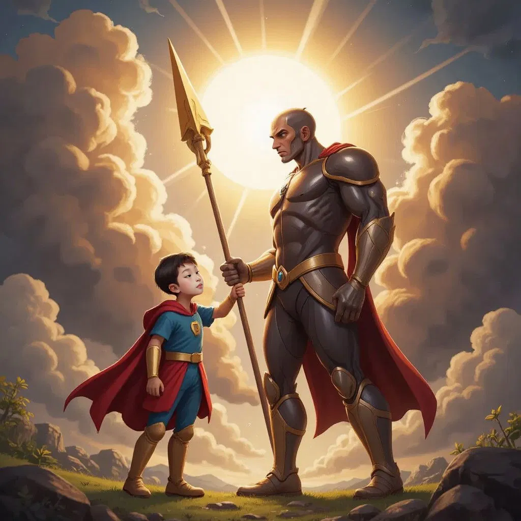 Seth in his superhero outfit facing a tall, menacing figure (Venos) wielding a golden spear. The sun's surface glowing beneath them