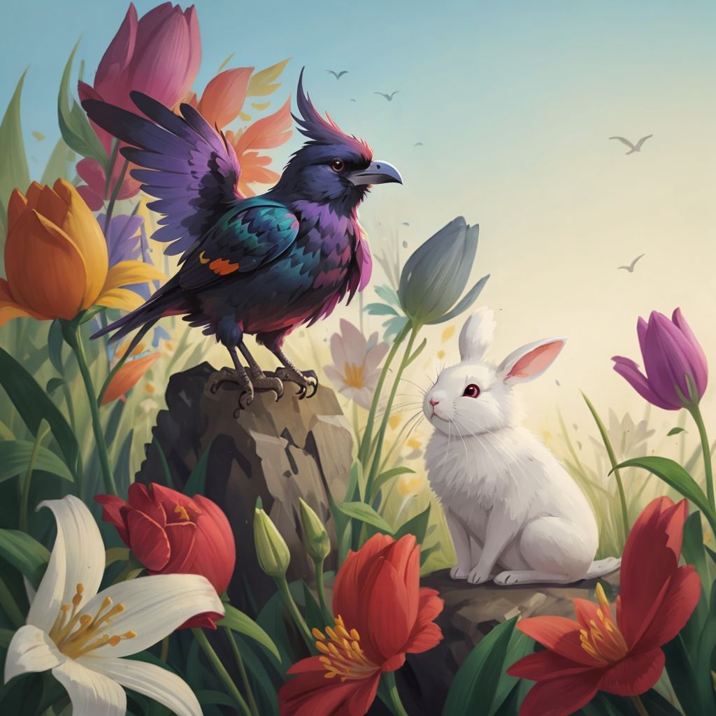 THE MULTICOLORED RAVEN and a white rabbit with long ears named Lily in a colorful meadow full of flowers