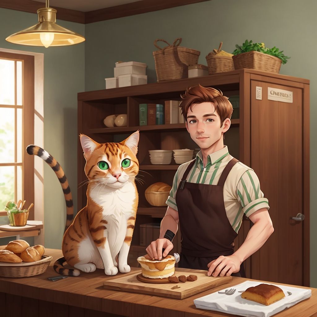 Tom, a ginger cat with emerald eyes, and Harold standing at the bakery door, ready for adventure