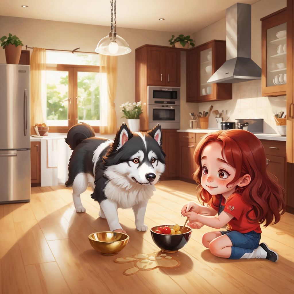 Taiga Tu exploring a kitchen, two shiny bowls with paw prints on the floor. Abbie pointing at them.