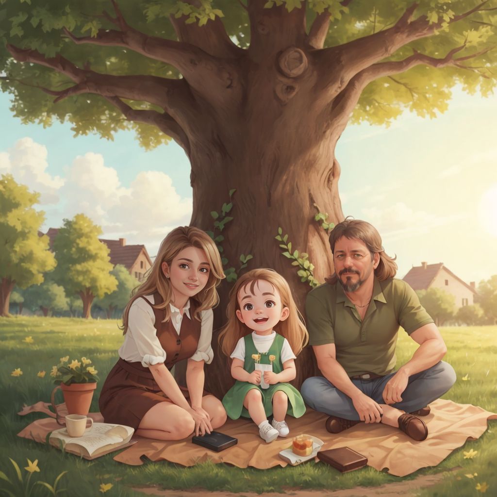 Baby Nina sitting under a big oak tree with Glama and Grumpa, smiling and enjoying the sunset