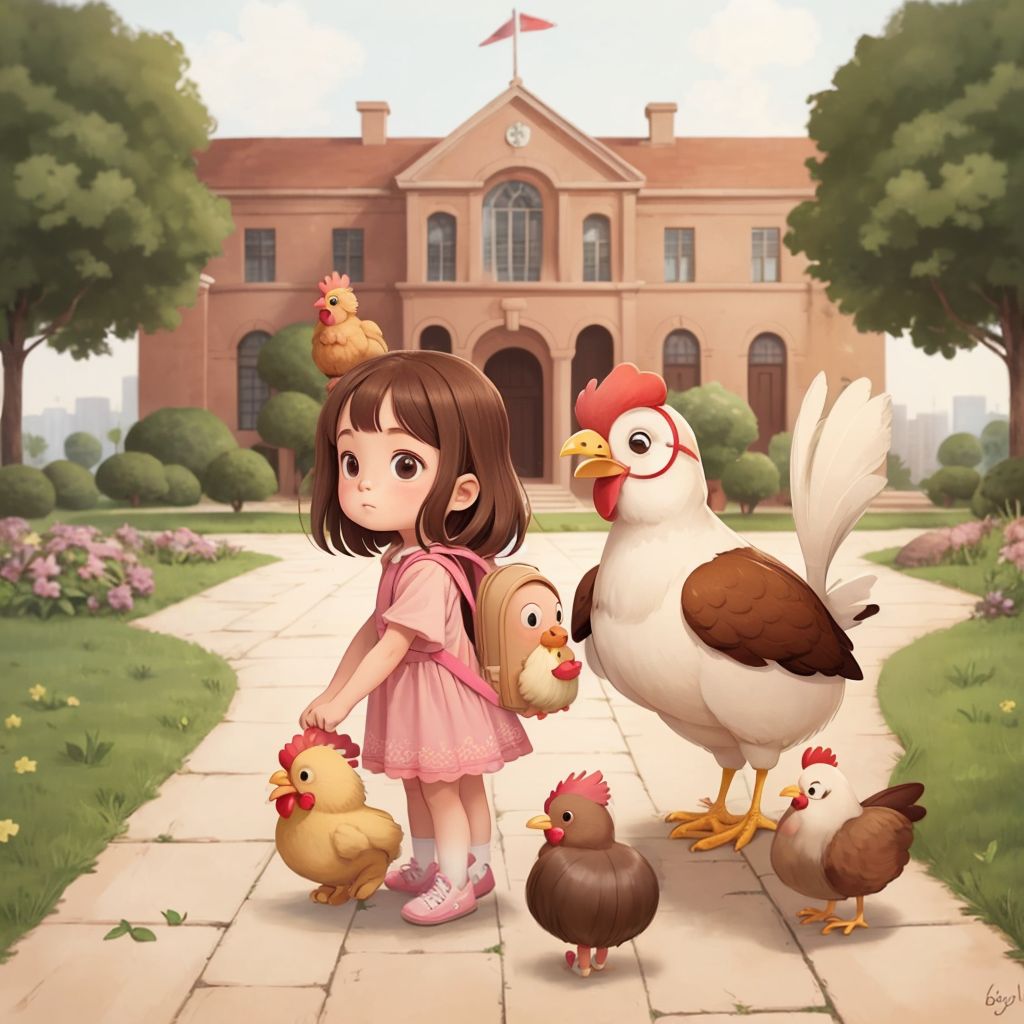 Rosie and Red walking hand in wing towards a big school building, children playing in the yard.