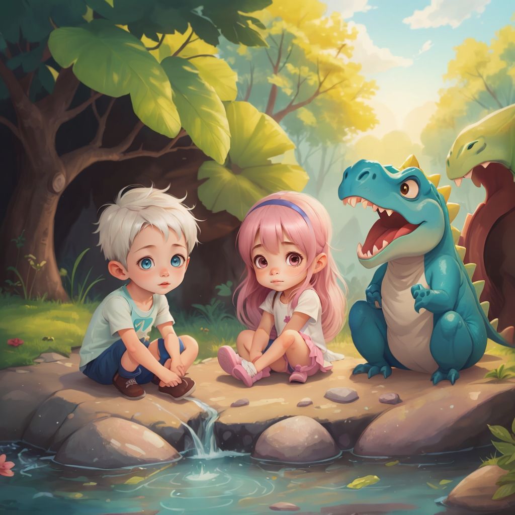 Isaac, Zoe, and Freddie the dinosaur sitting by a sparkling stream at sunset, sharing hopes and dreams