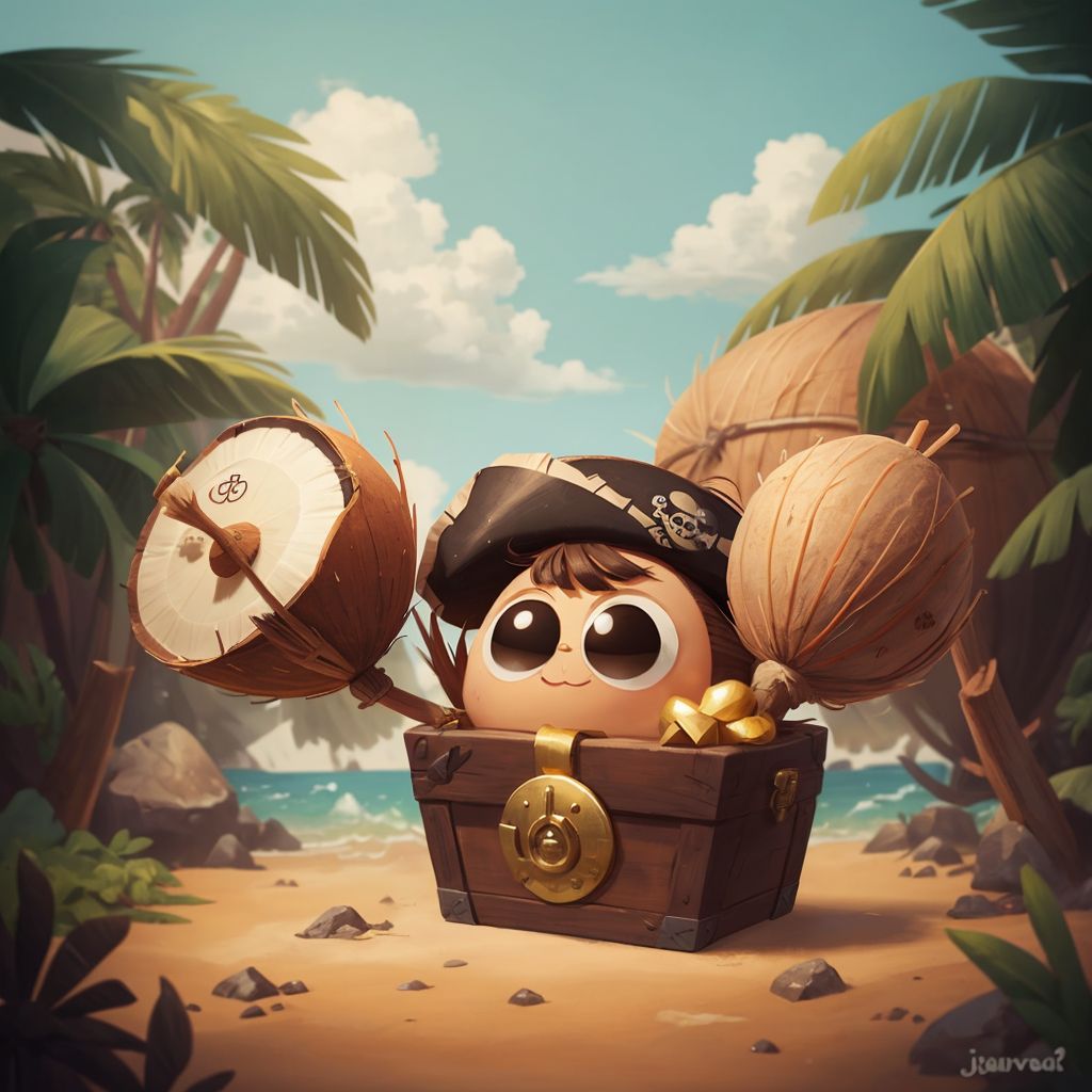 Coco, Pokey, and Fuzzy dancing joyfully next to an open treasure chest filled with gold coins and sparkling jewels on the sandy shore of Treasure Island.