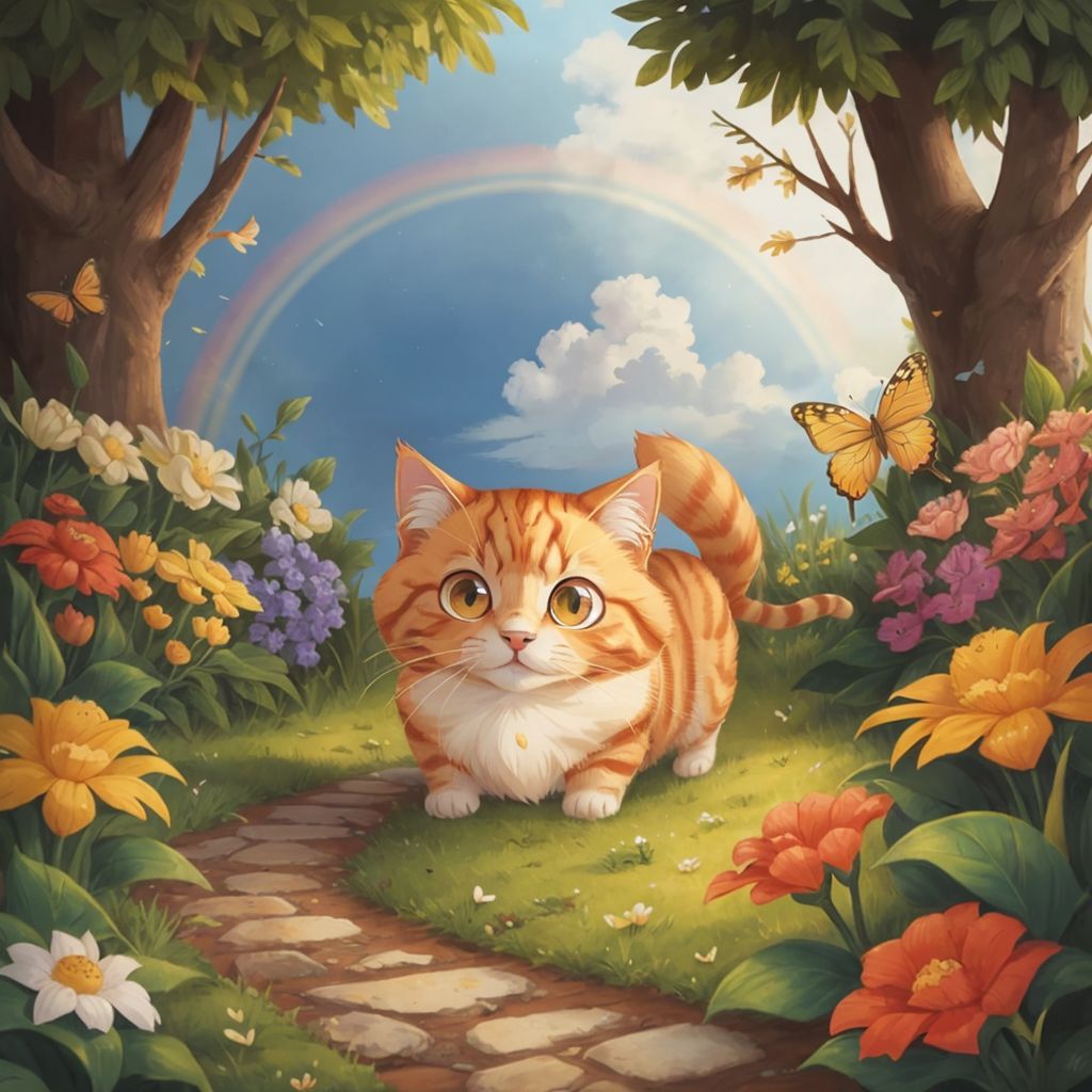 Cat chasing a butterfly in a garden with a vibrant rainbow arching across the background