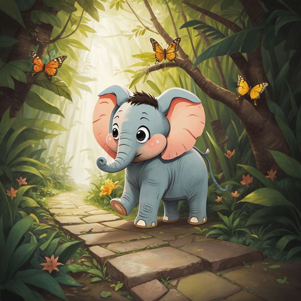 Nalu walking through a colorful jungle path with butterflies flying around