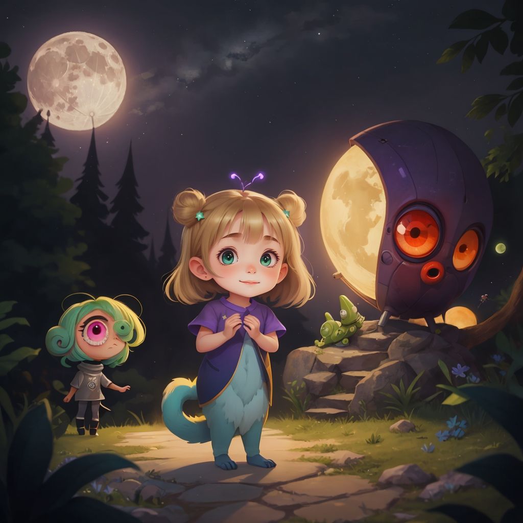 Aria waving goodbye to Mella and Fluffy Teacher as she boards the spaceship with Pip and Zog. The moon is in the background, and Aria looks both happy and wistful.