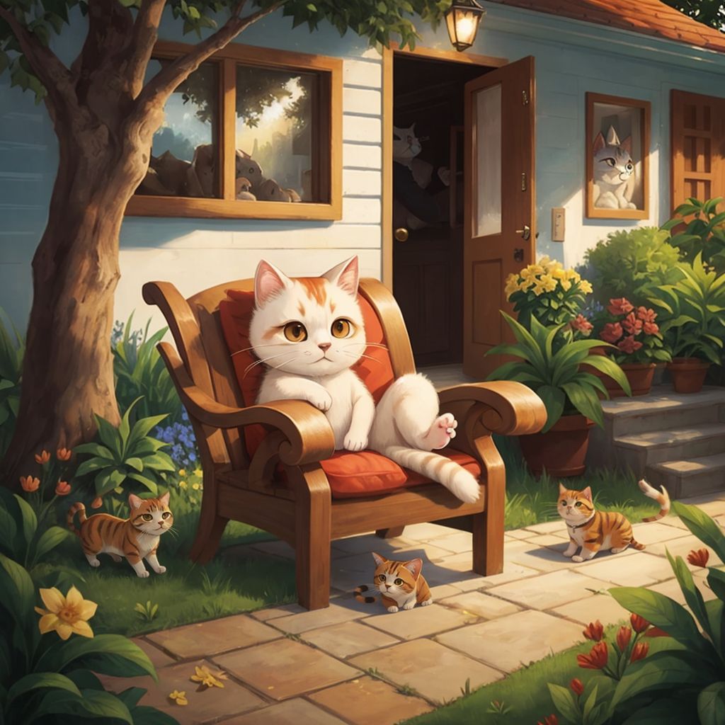 Bowie the Cat sitting confidently in Lucy's garden. Other neighborhood cats watching him curiously from a distance.