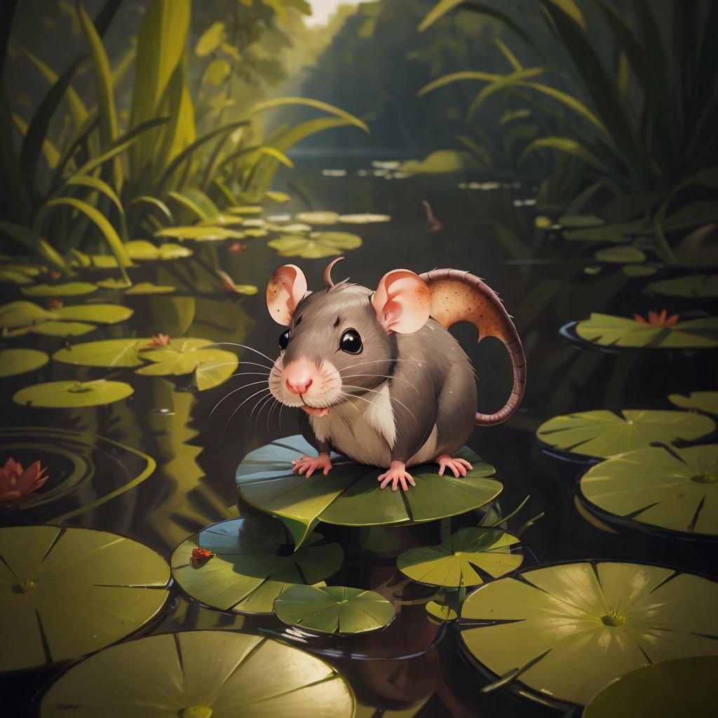 Rubber the Rat balancing carefully on a lily pad in the river, determination on his face