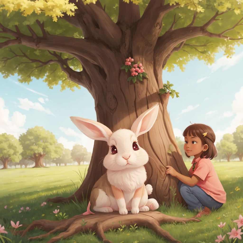 Bonnie Bunny under a giant oak tree, listening to wise elders with sparkling eyes.