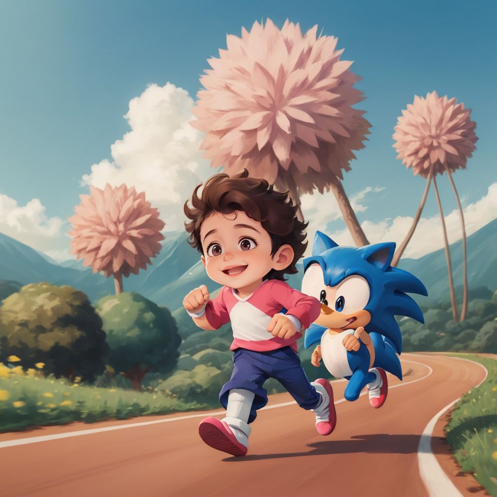 Zain laughing joyfully as he holds onto Sonic the Hedgehog while racing down a hill, a blur of colors in the background