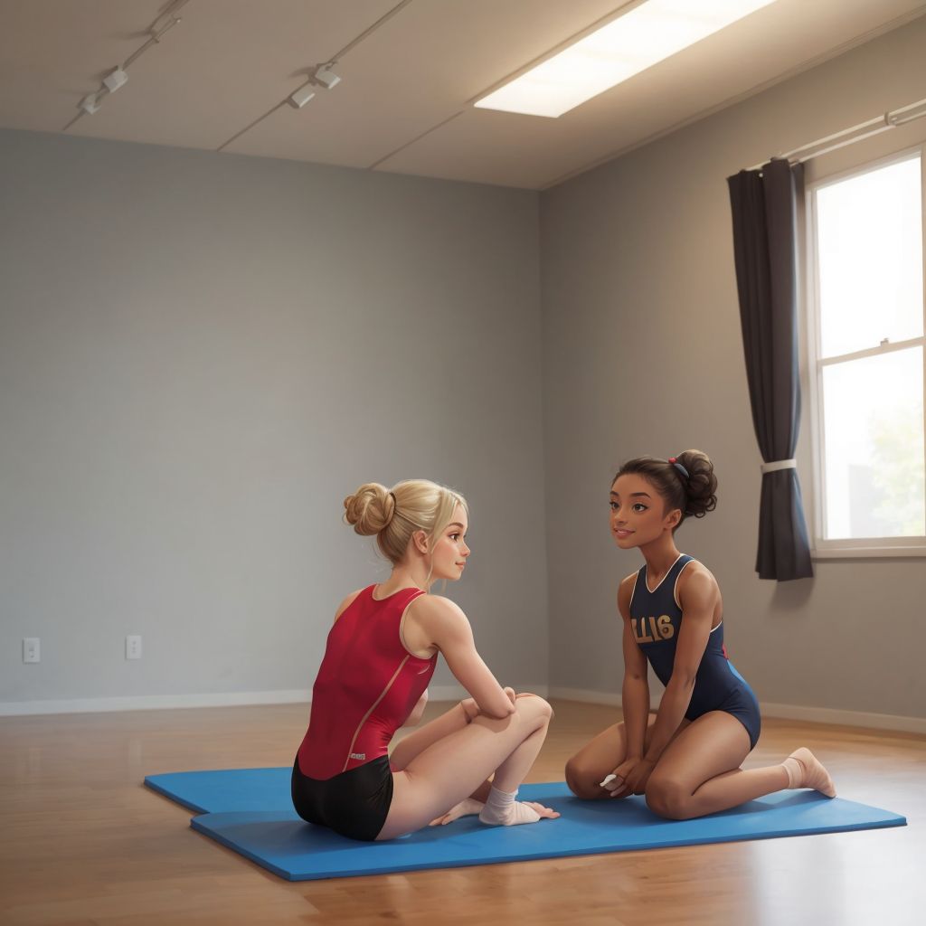 Mia sitting on a gymnastics mat looking vulnerable while Simone Biles kneels beside her with a gentle expression