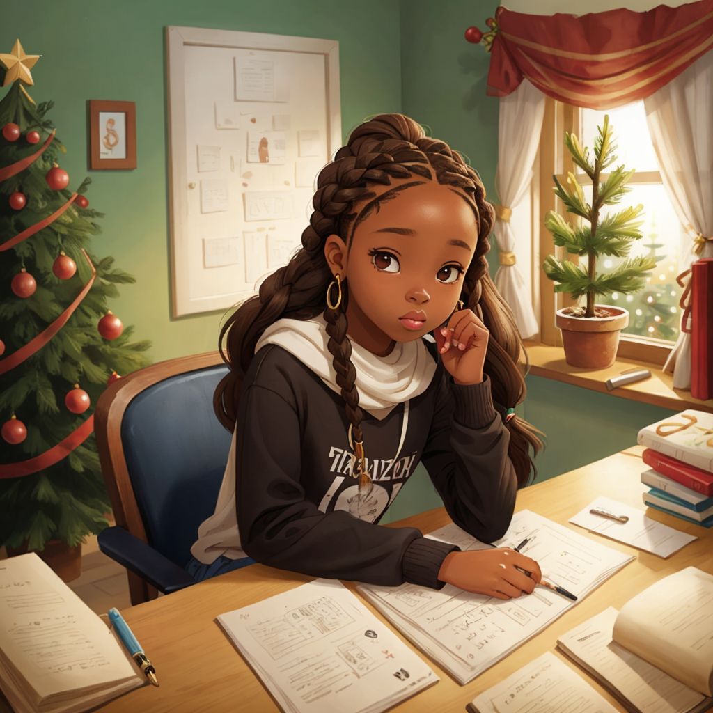 Charli with her signature braids and hair jewelry, sitting at a desk writing, with an amused expression. A long scroll-like paper extends off the desk. Christmas decorations visible through a window.