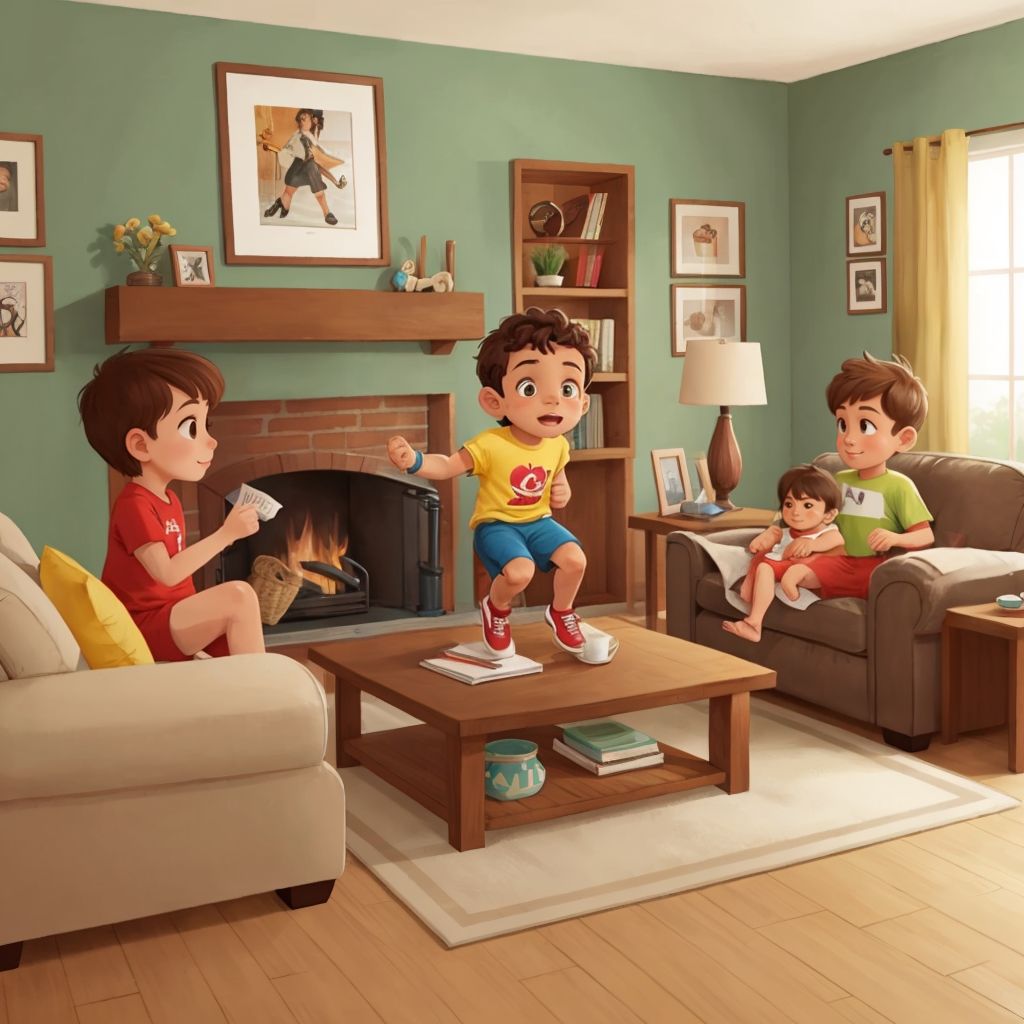 Dynamic Donovan demonstrating superhero breathing to his family in a cozy living room setting