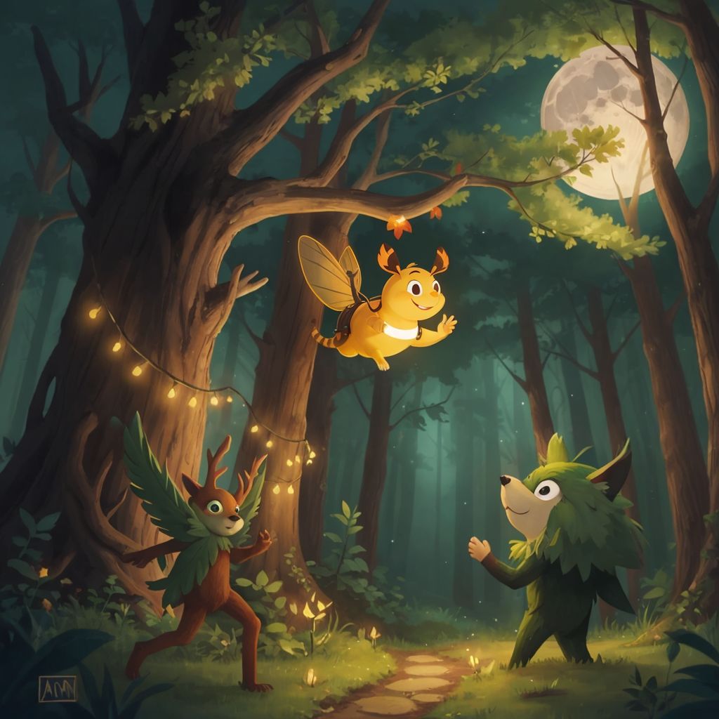 Spark and forest creatures dancing in the moon's soft glow