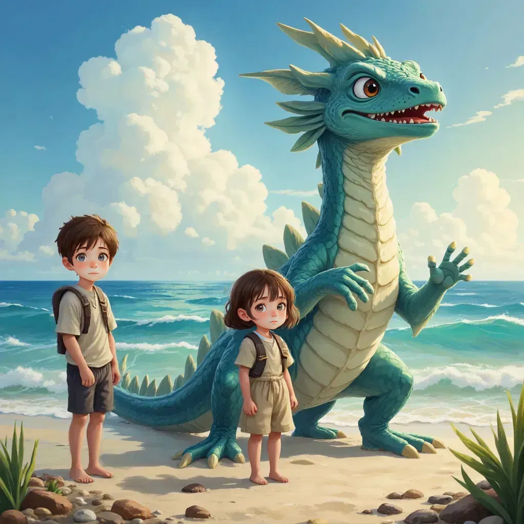 A majestic sea dragon with shimmering scales, standing before Finn and Lila.