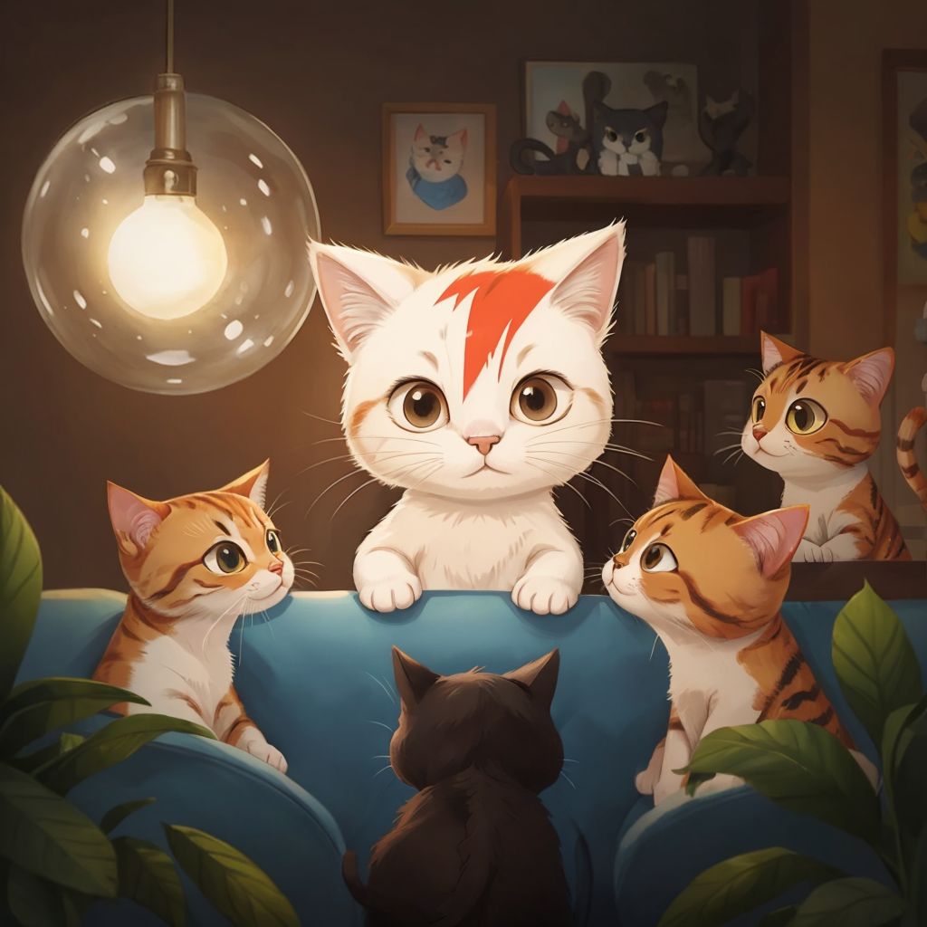 Bowie the Cat looking content, surrounded by admiring cats. A sense of celebration in the air.