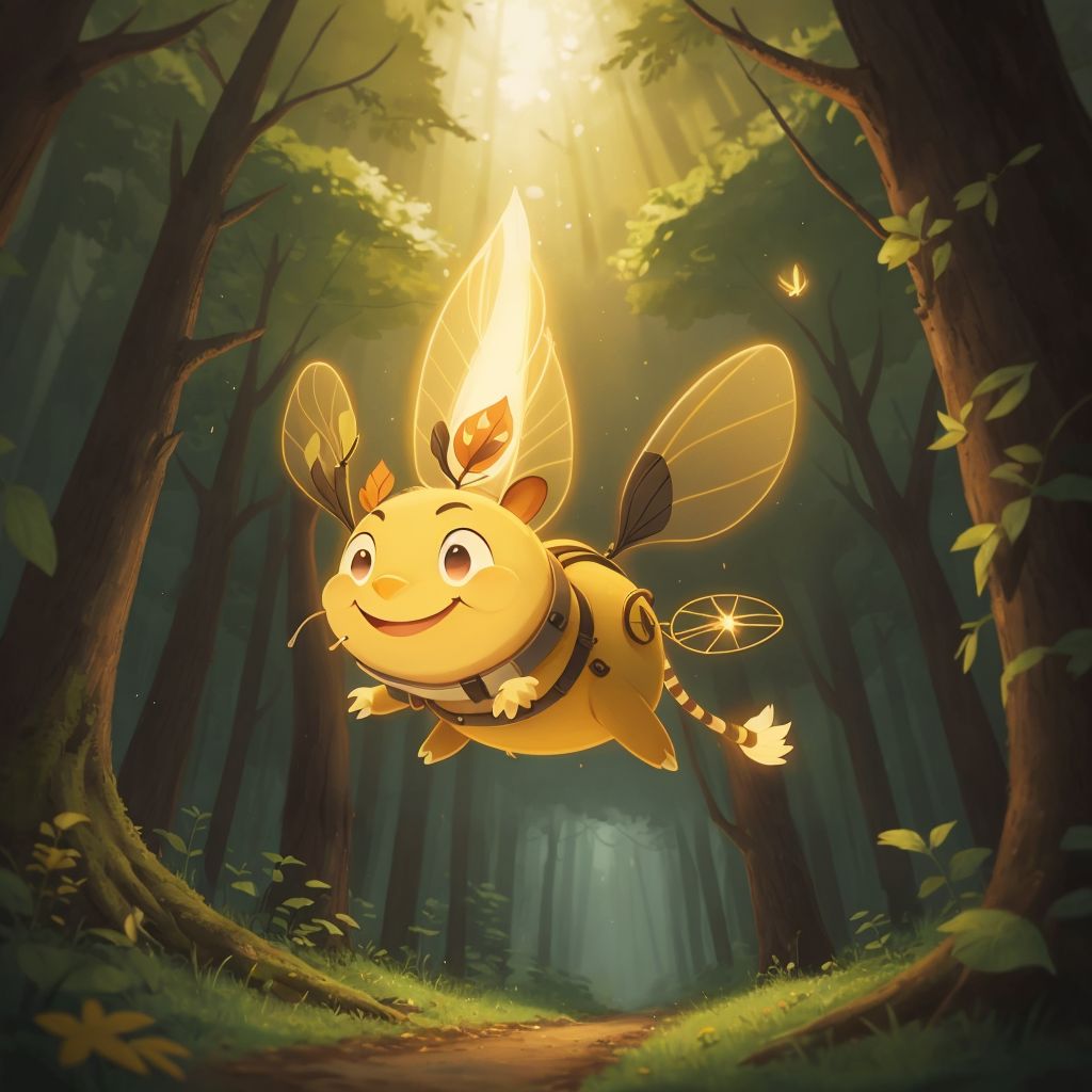 Spark flying through a bright forest, spreading light and joy