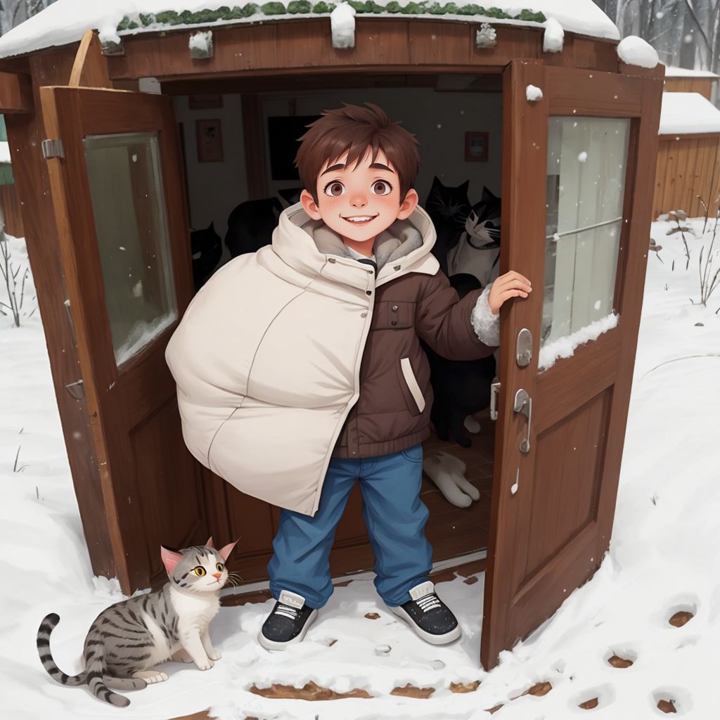 Brandon standing in winter clothes at the door, with snow-covered scenery outside and Cheli the cat beside him.