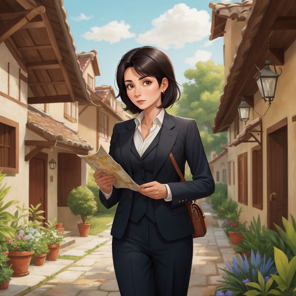 Cecilia holding a map, walking through a village with various houses and gardens