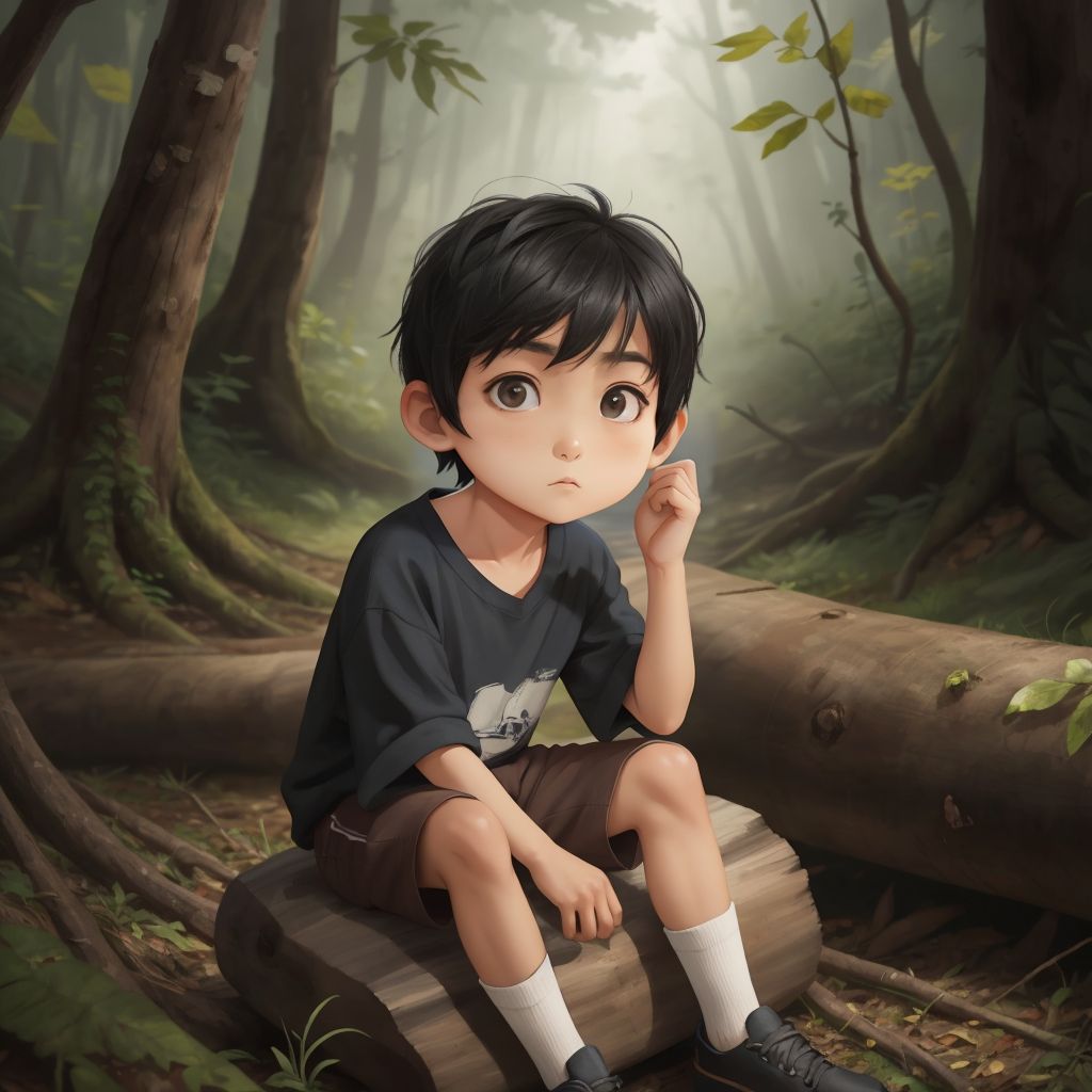 Robin sitting on a fallen log in the woods, looking around with a thoughtful expression