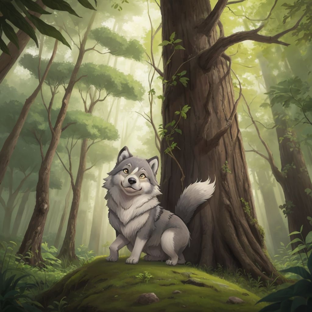 Luna, a gray wolf puppy, looking up curiously at a tall tree in a lush green forest