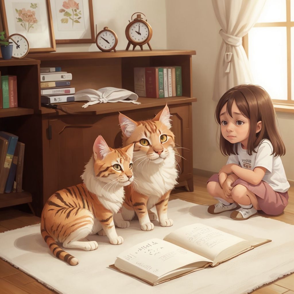 Pinky the cat whispering to other animals, while Mily 2 looks puzzled in the background.